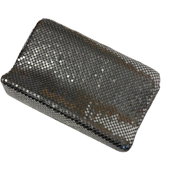 BUENO Silver Mesh Metal Evening Clutch Purse Diagonal Pattern Removable Strap - Picture 2 of 8